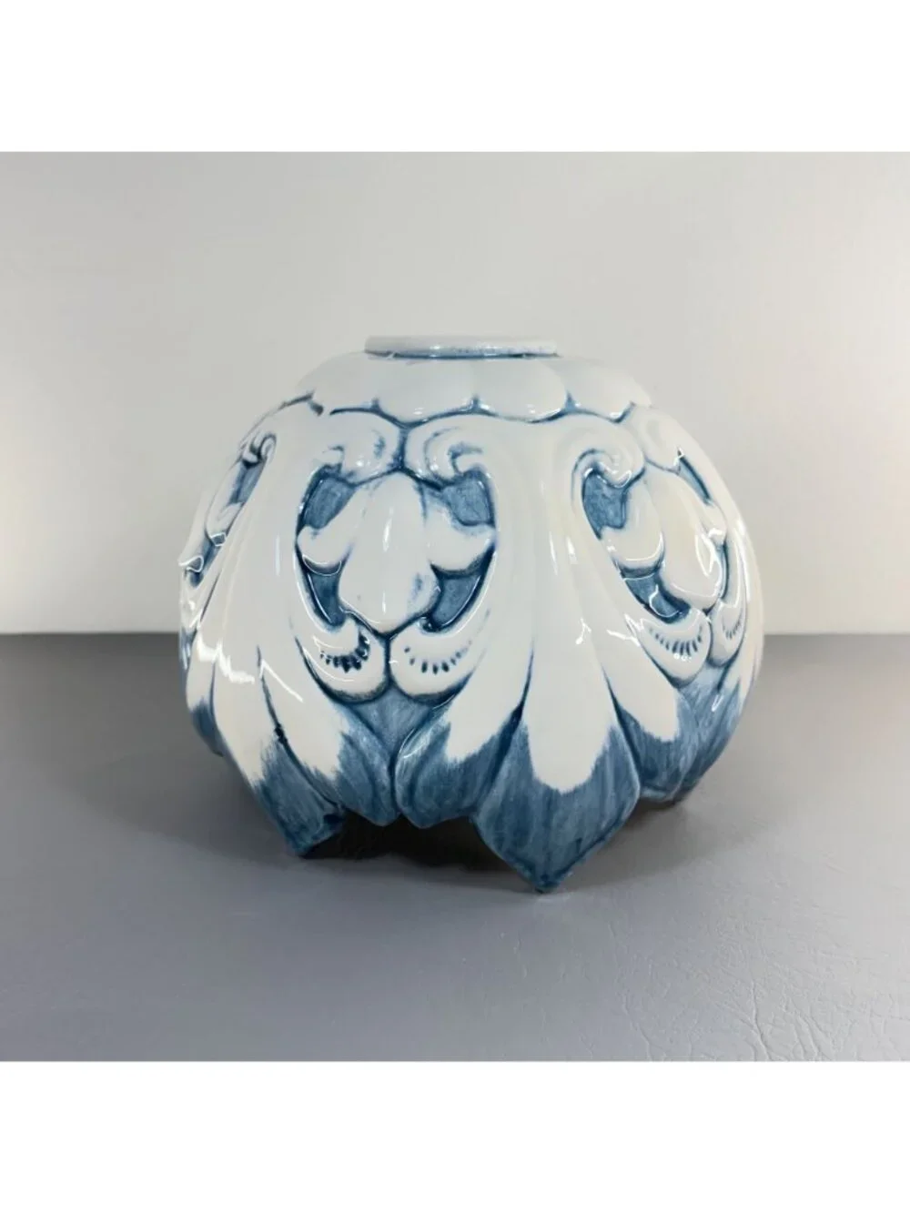 Italian Style Blue White Majolica Petal Cachepot Large Floral Centerpiece Bowl
